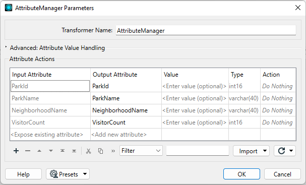 AttributeManager dialog